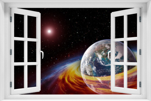 Fototapeta Naklejka Na Ścianę Okno 3D - Planet Earth in a ring of particles and gas in a space with sun and stars, futuristic picture of the future. The elements of this image furnished by NASA.