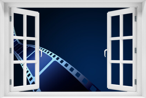Fototapeta Naklejka Na Ścianę Okno 3D - Isometeric film strip isolated on blue background. 3D film strip in perspective. Vector template cinema festival with place for text. Movie design for brochure, poster, banner, flyer. Cinema backdrop.