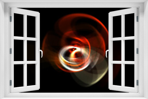 Fototapeta Naklejka Na Ścianę Okno 3D - Spinning rays of light isolated on black background. Graphic 2D illustration of glowing colorful light particles in circular motion.