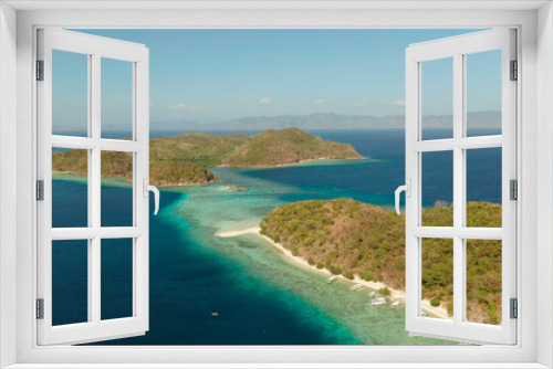 Fototapeta Naklejka Na Ścianę Okno 3D - aerial view tropical islands with blue lagoon, coral reef and sandy beach. Palawan, Philippines. Islands of the Malayan archipelago with turquoise lagoons.