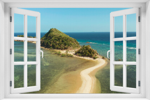 Fototapeta Naklejka Na Ścianę Okno 3D - aerial view tropical island in blue lagoon, coral reef and sandy beach. Palawan, Philippines. tropical landscape with island and beache travel concept