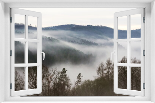 Fototapeta Naklejka Na Ścianę Okno 3D - Valley with forest hiding in fog, autumn or winter foggy morning