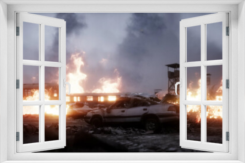 Fototapeta Naklejka Na Ścianę Okno 3D - burning ruined apocalyptic city. Armageddon view. Realistic fire simulation. Postapocalyptic. 3d rendering
