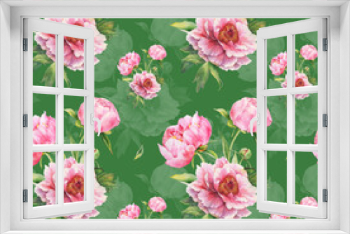 Fototapeta Naklejka Na Ścianę Okno 3D - Romantic seamless pattern with watercolor bouquet of pink peonies. For backgrounds, textiles, wrapping papers, greeting cards.