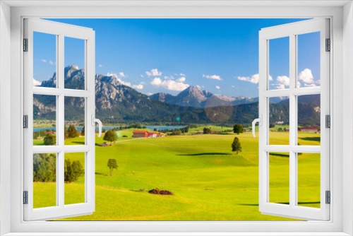 Fototapeta Naklejka Na Ścianę Okno 3D - panoramic landscape in Bavaria with mountains and meadow at springtime