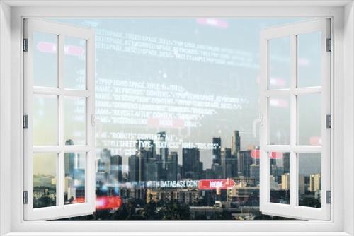 Fototapeta Naklejka Na Ścianę Okno 3D - Multi exposure of abstract creative coding sketch on Los Angeles city skyline background, artificial intelligence and neural networks concept