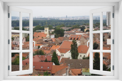 Tiled roofs of the Zemun district, the Danube river and the Sava river. Belgrade, Serbia