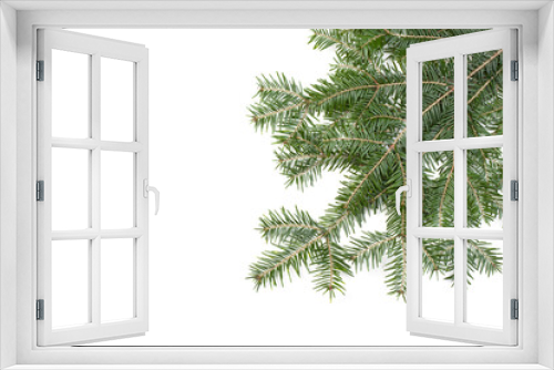 Fototapeta Naklejka Na Ścianę Okno 3D - Nature winter background with snowy close-up of fir branches. Spruce branches, on a white background, top view. Winter christmas border with copy space