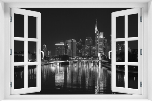 Fototapeta Naklejka Na Ścianę Okno 3D - Frankfurt Skyline at Night with Reflections - Black and White