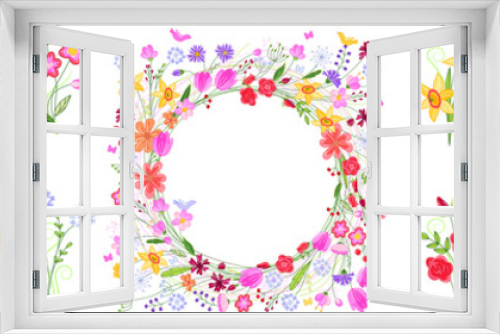 Fototapeta Naklejka Na Ścianę Okno 3D - Floral summer elements with cute bunches of tulips, daffodils and roses. For romantic and easter design, announcements, greeting cards, posters, advertisement.