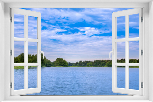 Fototapeta Naklejka Na Ścianę Okno 3D - Summer landscape with lake, forest and blue sky clouds