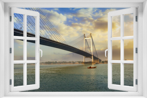 Fototapeta Naklejka Na Ścianę Okno 3D - Suspension bridge known as Vidyasagar Setu on river Ganges at Kolkata, India