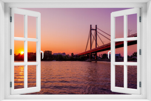 Fototapeta Naklejka Na Ścianę Okno 3D - Sunset on Belgrade river named Sava with a huge bridge across the river.