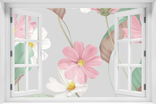 Fototapeta Naklejka Na Ścianę Okno 3D - Floral seamless pattern, white and pink cosmos flowers with green leaves on grey