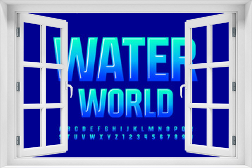 Vector blue logo Water World. Glossy Alphabet Letters and Numbers set. Bright gradient Font