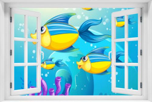 Fototapeta Naklejka Na Ścianę Okno 3D - Many exotic fishes cartoon character in the underwater background