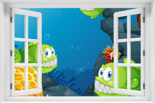 Fototapeta Naklejka Na Ścianę Okno 3D - Many exotic fishes cartoon character in the underwater scene with corals