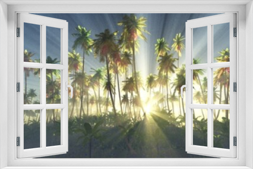 Fototapeta Naklejka Na Ścianę Okno 3D - Palm trees at dawn in the sun, beach with palm trees in the fog, jungle in the haze, 3D rendering
