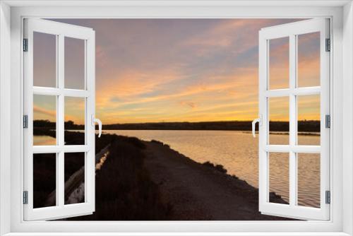 Fototapeta Naklejka Na Ścianę Okno 3D - Sunset rural farm and salt lake meadow horizon view