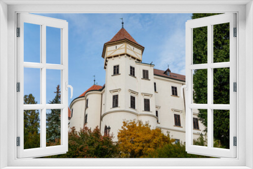 Fototapeta Naklejka Na Ścianę Okno 3D - Historic Medieval Konopiste castle residence of Habsburg imperial family, white tower and park of romantic gothic baroque Chateau in autumn sunny day, Central Bohemia, Czech Republic,