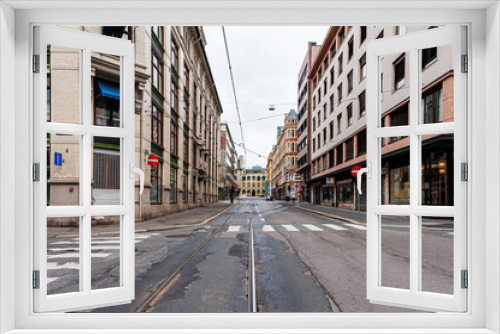 Fototapeta Naklejka Na Ścianę Okno 3D - July 26, 2013. View of the streets of Oslo, Norway. Area of the center of Oslo. Tram tracks and pedestrian crossings on the street. Editorial