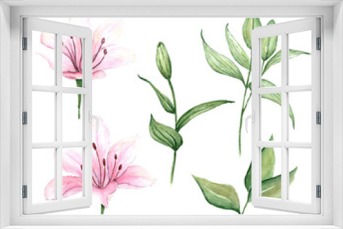 Fototapeta Naklejka Na Ścianę Okno 3D - Watercolor set of pink lilies, hand drawn illustration of flowers isolated on white background. Green lily flower buds.