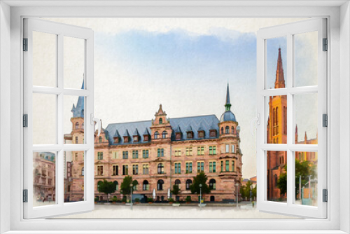 Fototapeta Naklejka Na Ścianę Okno 3D - Watercolor drawing of Wiesbaden cityscape with Evangelical Market Protestant church or Marktkirche and City Palace Stadtschloss or New Town Hall