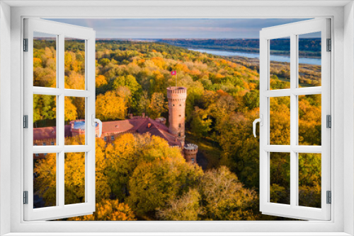 Fototapeta Naklejka Na Ścianę Okno 3D - Aerial view of old red brick castle in Lithuania in autumn by drone