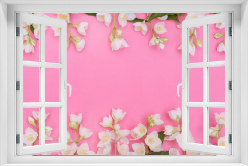 Fototapeta Naklejka Na Ścianę Okno 3D - Greeting card background, jasmine flowers on a pink background with copy space