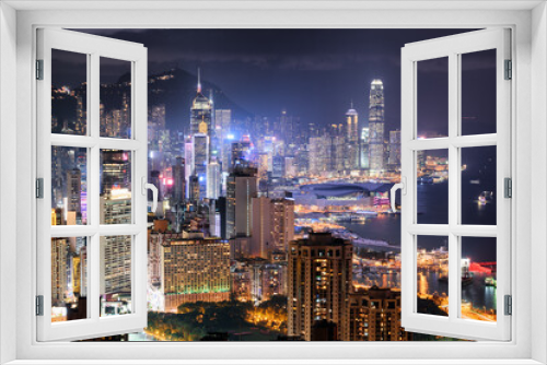 Fototapeta Naklejka Na Ścianę Okno 3D - Awesome night aerial view of skyscrapers in Hong Kong