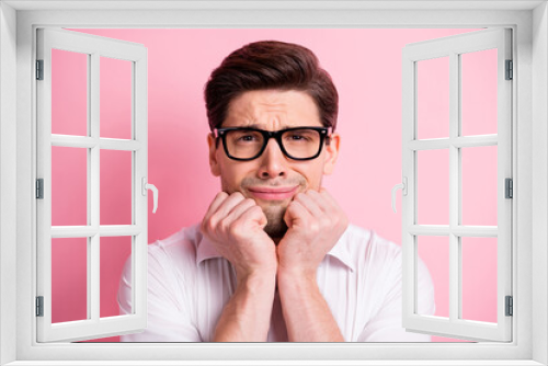 Photo of sad guy hands face cry wear spectacles white shirt isolated on pink color background