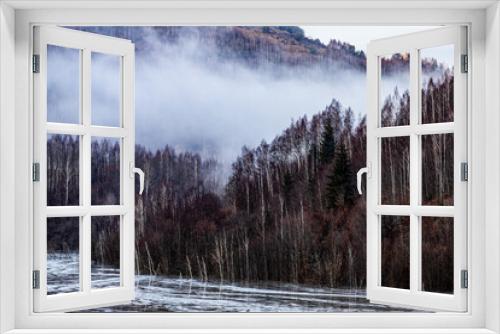 Fototapeta Naklejka Na Ścianę Okno 3D - misty landscape with fir forest in hipster vintage retro style