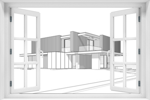 Fototapeta Naklejka Na Ścianę Okno 3D - 3d rendering of modern cozy house with parking and pool for sale or rent with wood plank facade.  Black line sketch with soft light shadows on white background.