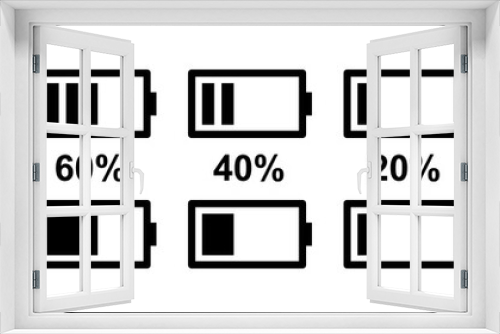Set of battery charge level indicator. Battery icons with charge level. Alkaline battery capacity charge. Vector illustration.