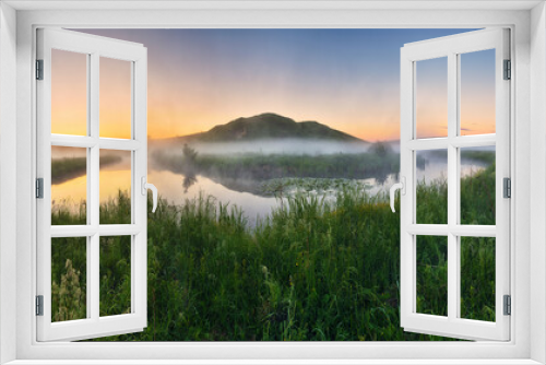 Fototapeta Naklejka Na Ścianę Okno 3D - Beautiful spring sunrise over river banks. Morning fog