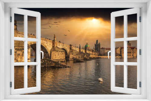 Fototapeta Naklejka Na Ścianę Okno 3D - Prag, Karlsbrücke im Goldenen Glanz. Brücke über die Moldau.
