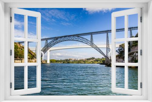 Fototapeta Naklejka Na Ścianę Okno 3D - Metallic and Beam Bridges, Porto, River, Portugal
