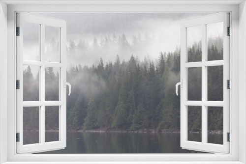Fototapeta Naklejka Na Ścianę Okno 3D - Low cloud and mist over forest by lake