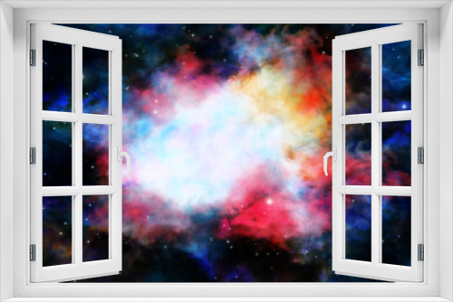 Fototapeta Naklejka Na Ścianę Okno 3D - 巨大な赤い星雲と輝く星の宇宙背景イラスト