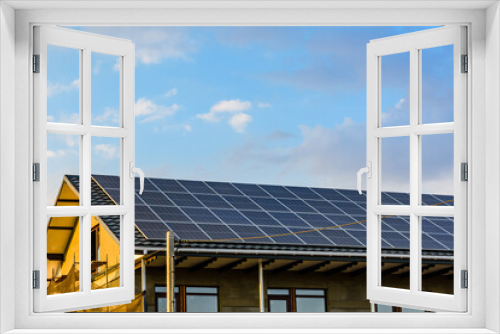 Fototapeta Naklejka Na Ścianę Okno 3D - Solar panels on roof of residential house. Clean energy. Ecological concept