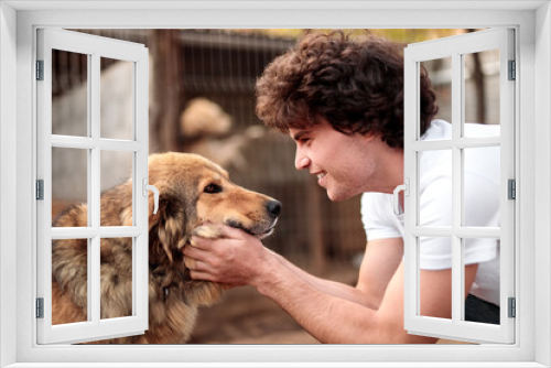 Fototapeta Naklejka Na Ścianę Okno 3D - Happy male volunteer petting homeless dog