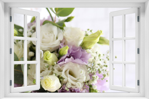 Fototapeta Naklejka Na Ścianę Okno 3D - Beautiful wedding bouquet with Eustoma flowers on light background, closeup