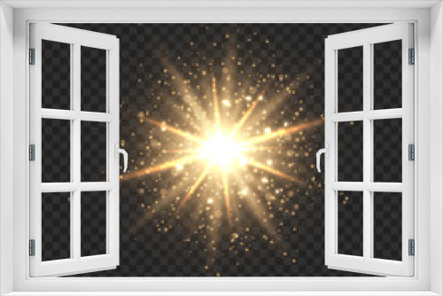Fototapeta Naklejka Na Ścianę Okno 3D - Star burst with sparkles. Golden light flare effect with stars, sparkles and glitter isolated on transparent background. Vector illustration of shiny glow star with stardust, gold lens flare