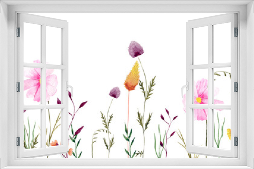 Fototapeta Naklejka Na Ścianę Okno 3D - Seamless panoramic horizontal floral pattern. With wildflowers  and leaves illustrations . 