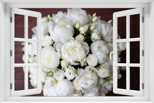 Fototapeta Naklejka Na Ścianę Okno 3D - White peonies collected in a composition. Fresh, natural flowers, on a dark background