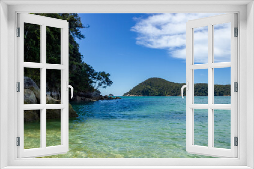 Fototapeta Naklejka Na Ścianę Okno 3D - panoramic view of a tropical beach with turquoise water and white sand in abel tasman national park, new zealand