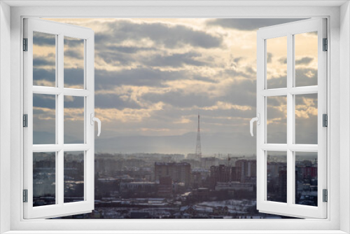 Fototapeta Naklejka Na Ścianę Okno 3D - City from a height in smog on a winter day
