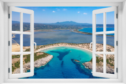 Fototapeta Naklejka Na Ścianę Okno 3D - Aerial panorama view of the famous semicircular sandy beach and lagoon of Voidokilia in Messenia, Greece