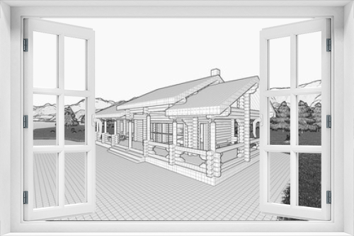 Fototapeta Naklejka Na Ścianę Okno 3D - деревянный дом и баня из оцилиндрованного бревна картинка, иллюстрация