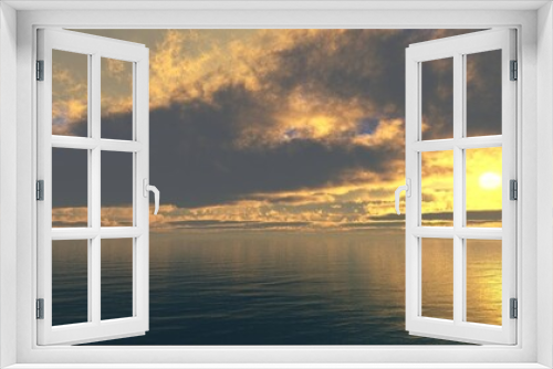 Fototapeta Naklejka Na Ścianę Okno 3D - Beautiful sunset in the ocean, sea sunset, sunrise over the water, sun in clouds over the sea, 3D rendering